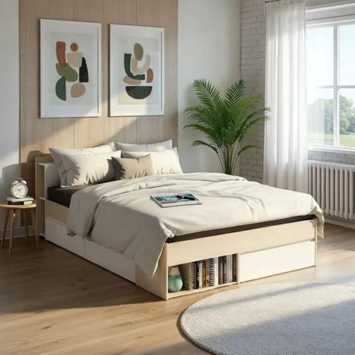 Lit 160x200 cm avec rangements PUZZLE imitation Acacia et blanc