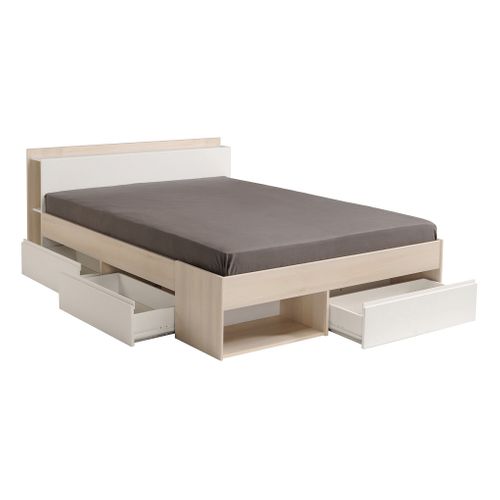 Lit 140x190/200 cm avec rangements PUZZLE imitation Acacia et blanc
