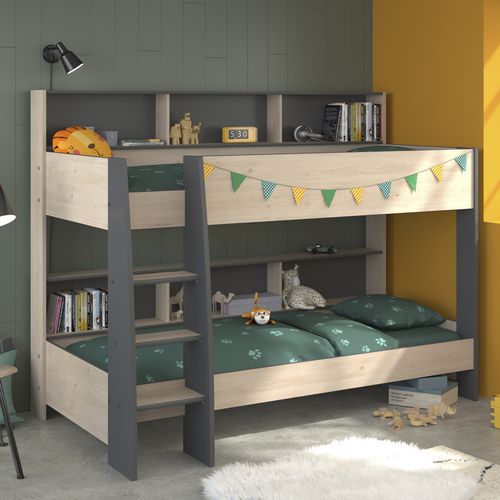 Lit superposé 2x90x200 cm et sommiers inclus CLEO imitation chêne et gris ombre vue d'ambiance 1