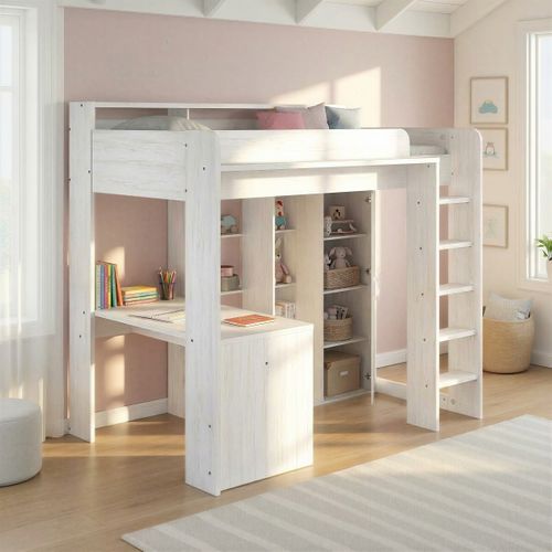 Lit mezzanine+bureau+penderie à porte coulissante HIGHER Blanc vue d'ambiance 1