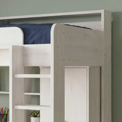 Lit mezzanine 90x200 cm avec penderie et bureau HIGHER imitation pin blanc