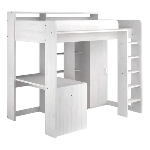 Lit mezzanine+bureau+penderie à porte coulissante HIGHER Blanc vue 3/4