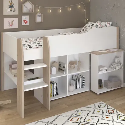 Lit combiné 90x200 cm MATI avec rangement et bureau Blanc et imitation chêne vue d'ambiance 1