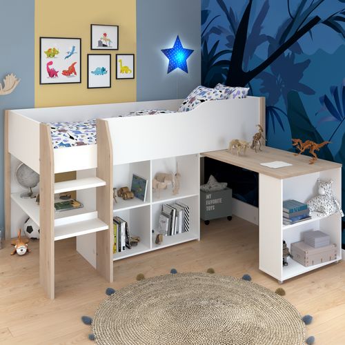 Lit combiné 90x200 cm MATI avec rangement et bureau Blanc et imitation chêne