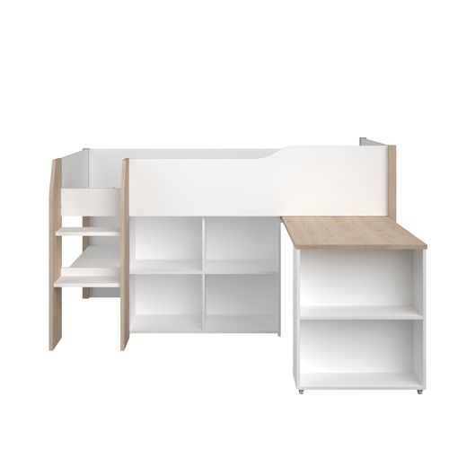 Lit combiné 90x200 cm MATI avec rangement et bureau Blanc et imitation chêne
