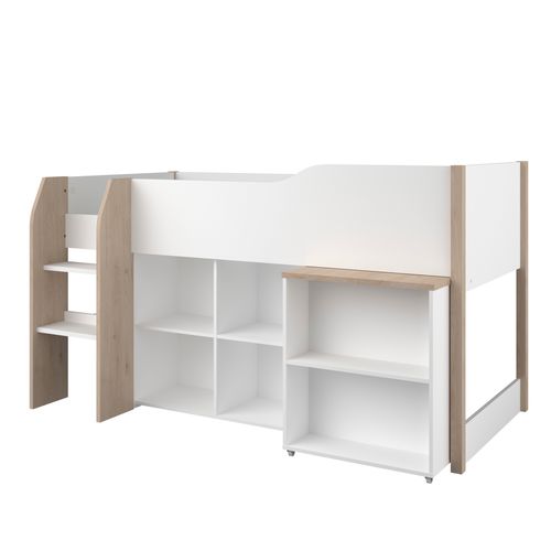 Lit combiné 90x200 cm MATI avec rangement et bureau Blanc et imitation chêne