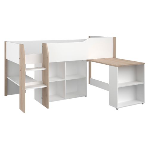 Lit combiné 90x200 cm MATI avec rangement et bureau Blanc et imitation chêne