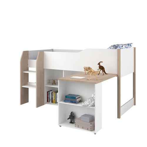Lit combiné 90x200 cm MATI avec rangement et bureau Blanc et imitation chêne