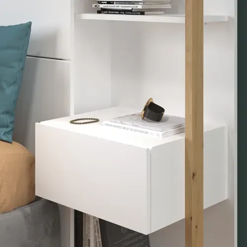 Tête de lit + 2 chevets STAMP imitation chêne et blanc vue accessoires