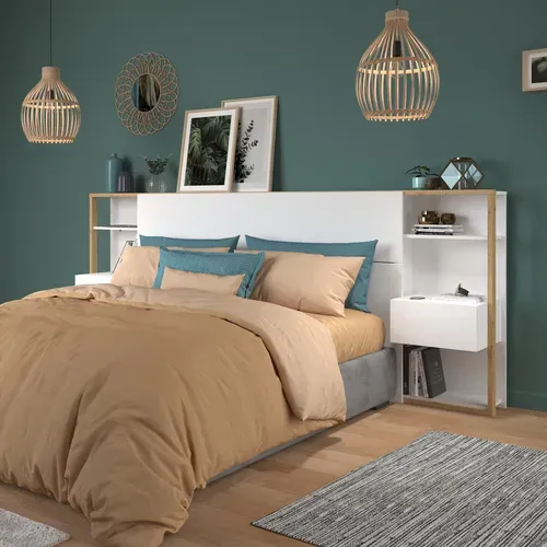 Tête de lit + 2 chevets STAMP imitation chêne et blanc vue d'ambiance 1