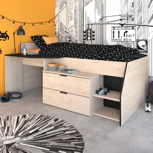 Lit 90x190/200 cm avec bureau intégré CODY imitation chêne et noir vue d'ambiance 1