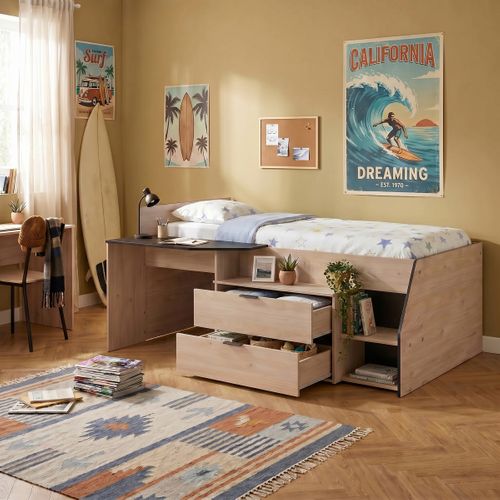 Lit 90x190/200 cm avec bureau intégré CODY imitation chêne et noir