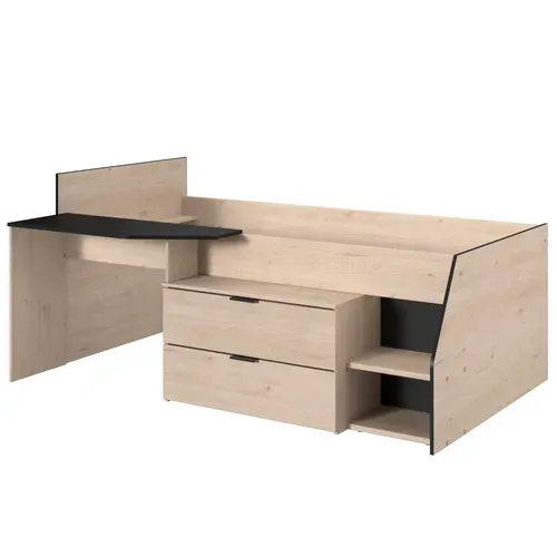 Lit 90x190/200 cm avec bureau intégré CODY imitation chêne et noir vue de profil