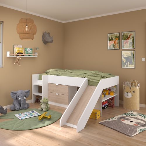 Lit 90x200 cm avec 2 tiroirs et un toboggan TOBO blanc et imitation chêne vue d'ambiance 1