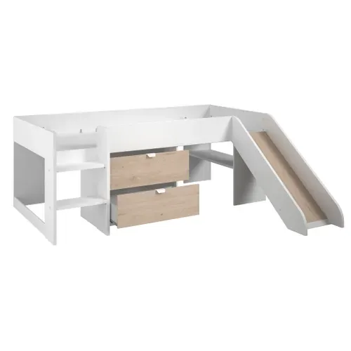 Lit 90x200 cm avec 2 tiroirs et un toboggan TOBO blanc et imitation chêne vue 3/4