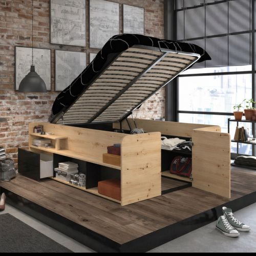 Lit coffre 140x190/200 cm avec sommier relevable TRAVEL imitation chêne et noir