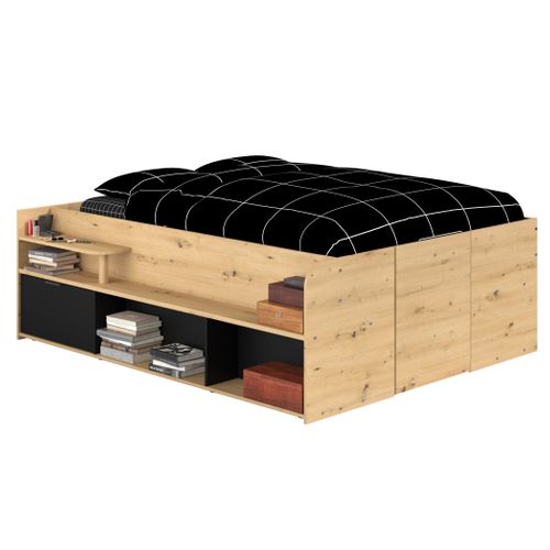 Lit coffre 140x190/200 cm avec sommier relevable TRAVEL imitation chêne et noir