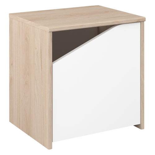 Chevet 1 porte SHELTER Imitation chêne et blanc vue 3/4