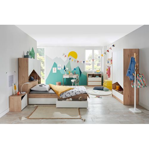 Commode 2 tiroirs 1 niche SHELTER Imitation chêne et blanc