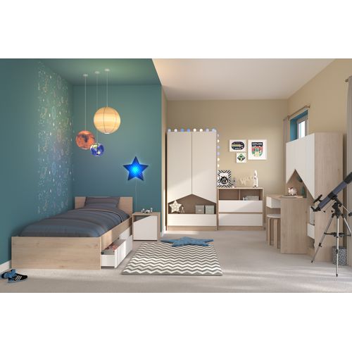 Commode 2 tiroirs 1 niche SHELTER Imitation chêne et blanc