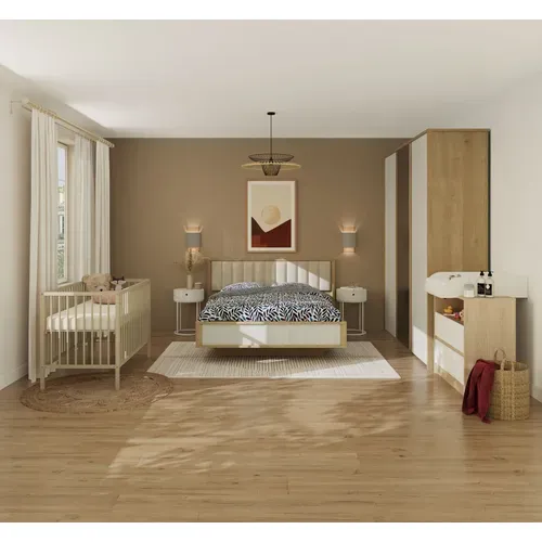 Commode 2 tiroirs 1 niche SHELTER Imitation chêne et blanc