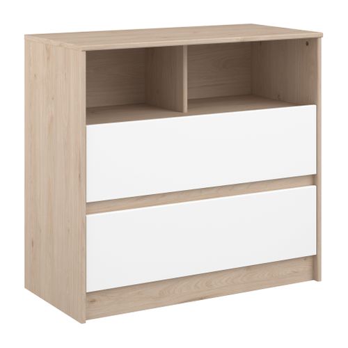 Commode 2 tiroirs 1 niche SHELTER Imitation chêne et blanc