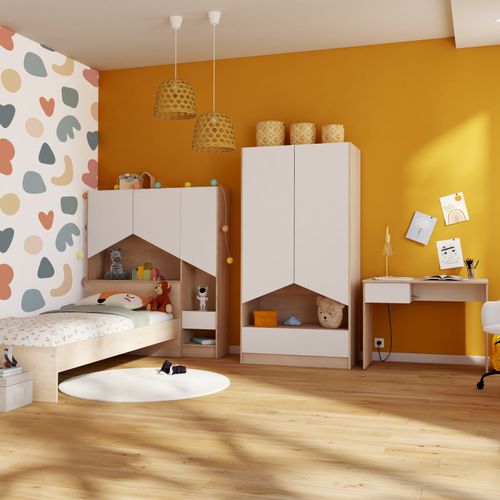 Armoire 2 portes 1 tiroir SHELTER Imitation chêne et blanc