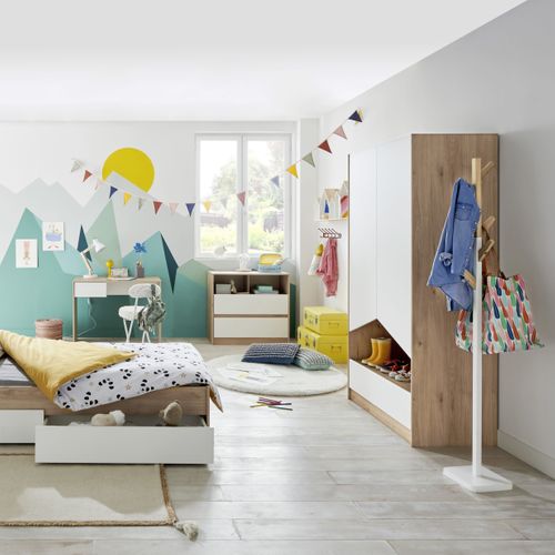 Armoire 2 portes 1 tiroir SHELTER Imitation chêne et blanc