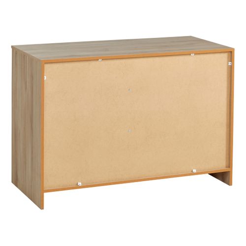Commode 3 tiroirs 1 porte ESCALE imitation chêne vue de derrière