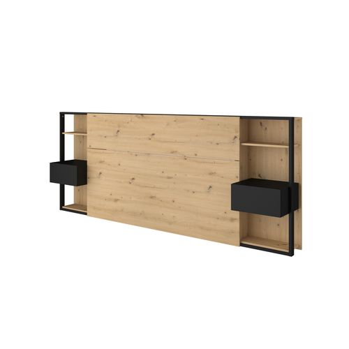 Tête de lit + 2 chevets STAMP imitation chêne et noir vue de profil