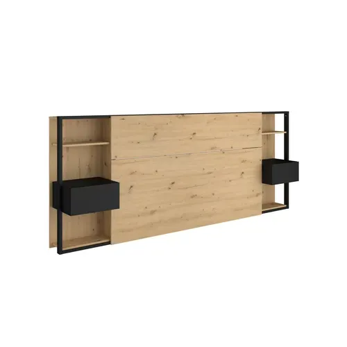 Tête de lit + 2 chevets STAMP imitation chêne et noir vue 3/4