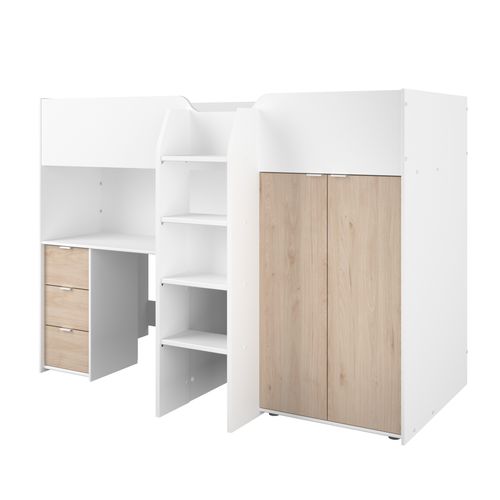Lit compact avec bureau et armoire 90x190/200 cm TOM imitation chêne et blanc