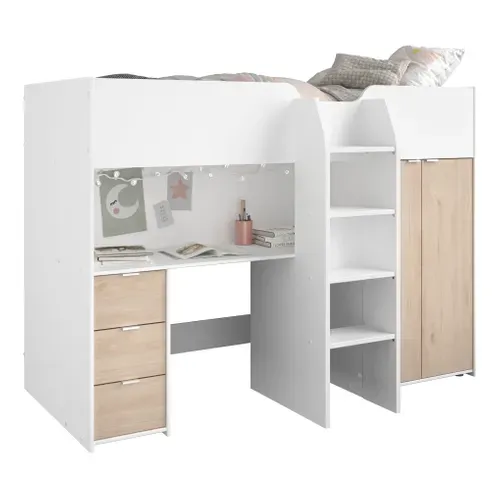 Lit compact avec bureau et armoire 90x190/200 cm TOM imitation chêne et blanc