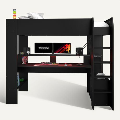Lit Mezzanine 90x200 Cm Avec Bureau Et Prises USB - Structure Métal, Rangements Ouverts, Sans Matelas - Pour Ado, Gain De Place