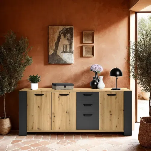 Buffet 3 portes 3 tiroirs STAN 220cm imitation chêne artisan et gris vue d'ambiance 1