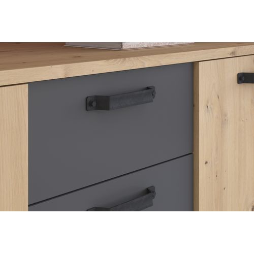 Buffet 3 portes 3 tiroirs STAN 220cm imitation chêne artisan et gris vue détaillée