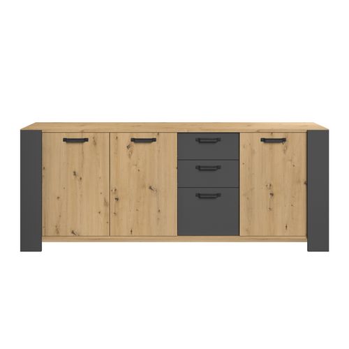 Buffet 3 portes 3 tiroirs STAN 220cm imitation chêne artisan et gris vue de face