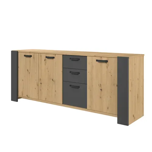 Buffet 3 portes 3 tiroirs STAN 220cm imitation chêne artisan et gris vue de profil