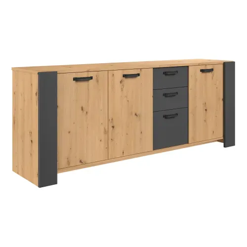 Buffet 3 portes 3 tiroirs STAN 220cm imitation chêne artisan et gris vue 3/4