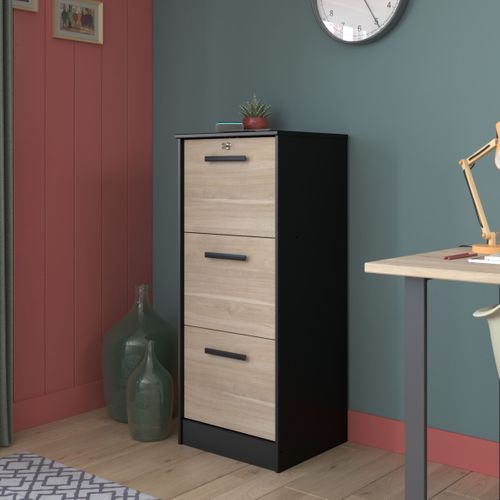 Classeur 3 tiroirs Milo Noir et imitation chêne
