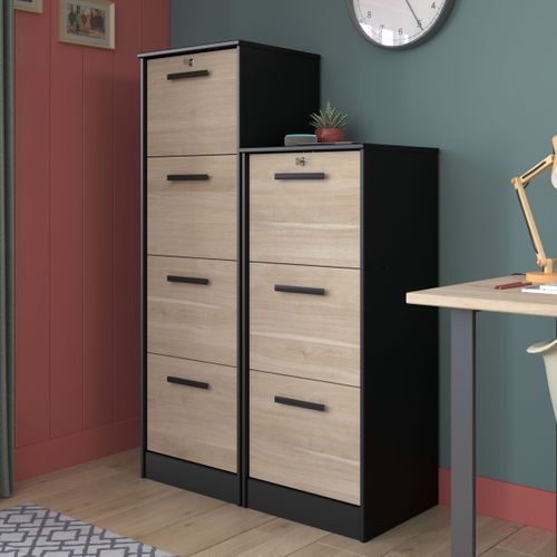 Classeur 3 tiroirs Milo Noir et imitation chêne