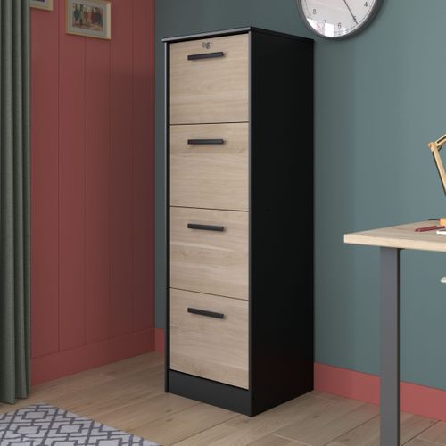 Classeur 4 tiroirs Milo Noir et imitation chêne