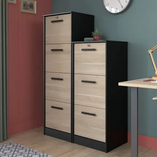 Classeur 4 tiroirs Milo Noir et imitation chêne