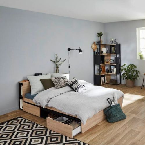 Lit 140x190 cm, 2 tiroirs, rangements TDL, LODGE imitation chêne et noir