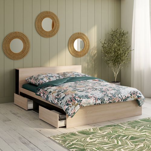 Lit 140x190 cm, 2 tiroirs, rangements TDL, LODGE imitation chêne et noir