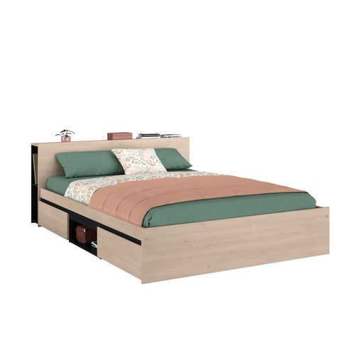 Lit 140x190 cm, 2 tiroirs, rangements TDL, LODGE imitation chêne et noir