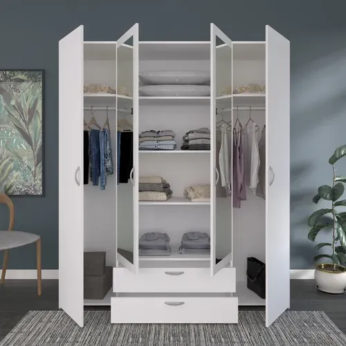 Armoire 4 portes 2 tiroirs L. 160 cm avec miroir DAILY blanc vue d'ambiance 1