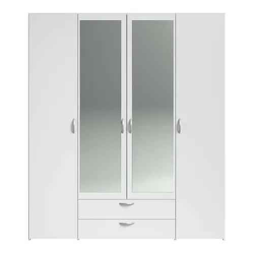 Armoire 4 portes 2 tiroirs L. 160 cm avec miroir DAILY blanc vue de face