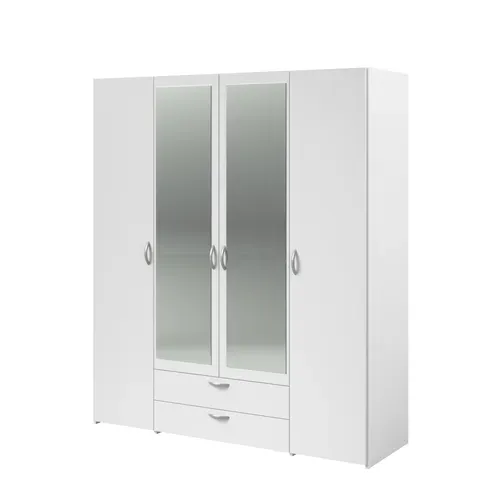 Armoire 4 portes 2 tiroirs L. 160 cm avec miroir DAILY blanc vue de profil
