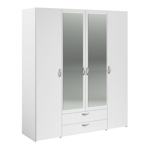 Armoire 4 portes 2 tiroirs L. 160 cm avec miroir DAILY blanc vue 3/4